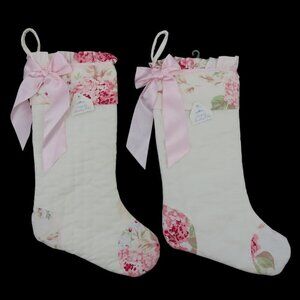 Simply Shabby Chic Pair of 2 Pink Floral Ruffle Christmas Stockings Holiday Xmas